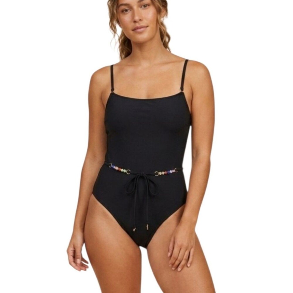 NWT Bebe Swimsuit One Piece Black Bathing Suite Jeweled Beaded Belt XL 10-12